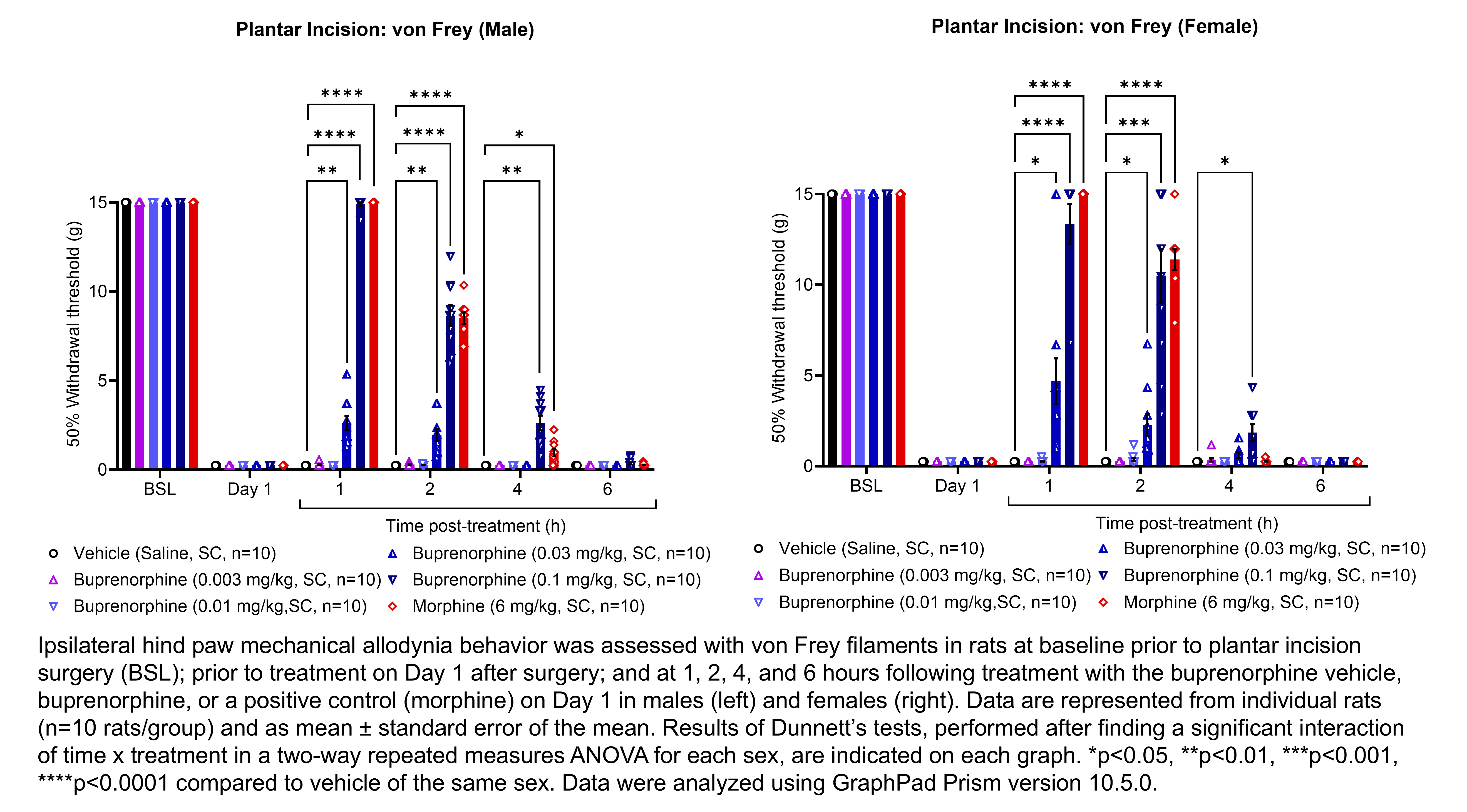 Two graphs show ipsilateral hind paw mechanical allodynia behavior assessed with von Frey filaments in male or female rats that have undergone plantar incision surgery. Responses are shown at the following time points: baseline (before surgery), prior to treatment at 1 day after surgery, and at 1, 2, 4, and 6 hours after treatment at 1 day after surgery. The treatments are vehicle (saline, delivered SC), buprenorphine (0.003, 0.01, 0.03, or 0.1 mg/kg, delivered SC), or morphine (6 mg/kg, delivered SC). There were 10 rats per group. A significant interaction of time x treatment was found in a two-way repeated measures ANOVA for each sex. Dunnett’s tests found significant increases in withdrawal thresholds relative to vehicle in males at 1 hour post-treatment with .03 and 0.1 mg/kg buprenorphine (p<0.001, 0.0001, respectively) and morphine (p<0.0001); at 2 hours post-treatment with 0.03 and 0.1 mg/kg buprenorphine (p<0.001, 0.0001, respectively) and morphine (p<0.0001); and at 4 hours post-treatment with 0.1 mg/kg buprenorphine (p<0.001) and morphine (p<0.05). Dunnett’s tests found significant increases in withdrawal thresholds relative to vehicle in females at 1 hour post-treatment with 0.03 and 0.1 mg/kg buprenorphine (p<0.05, 0.0001, respectively) and morphine (p<0.0001); at 2 hours post-treatment with 0.03 and 0.1 mg/kg buprenorphine (p<0.05, 0.001, respectively) and morphine (p<0.0001); and at 4 hours post-treatment with 0.1 mg/kg buprenorphine (p<0.05).