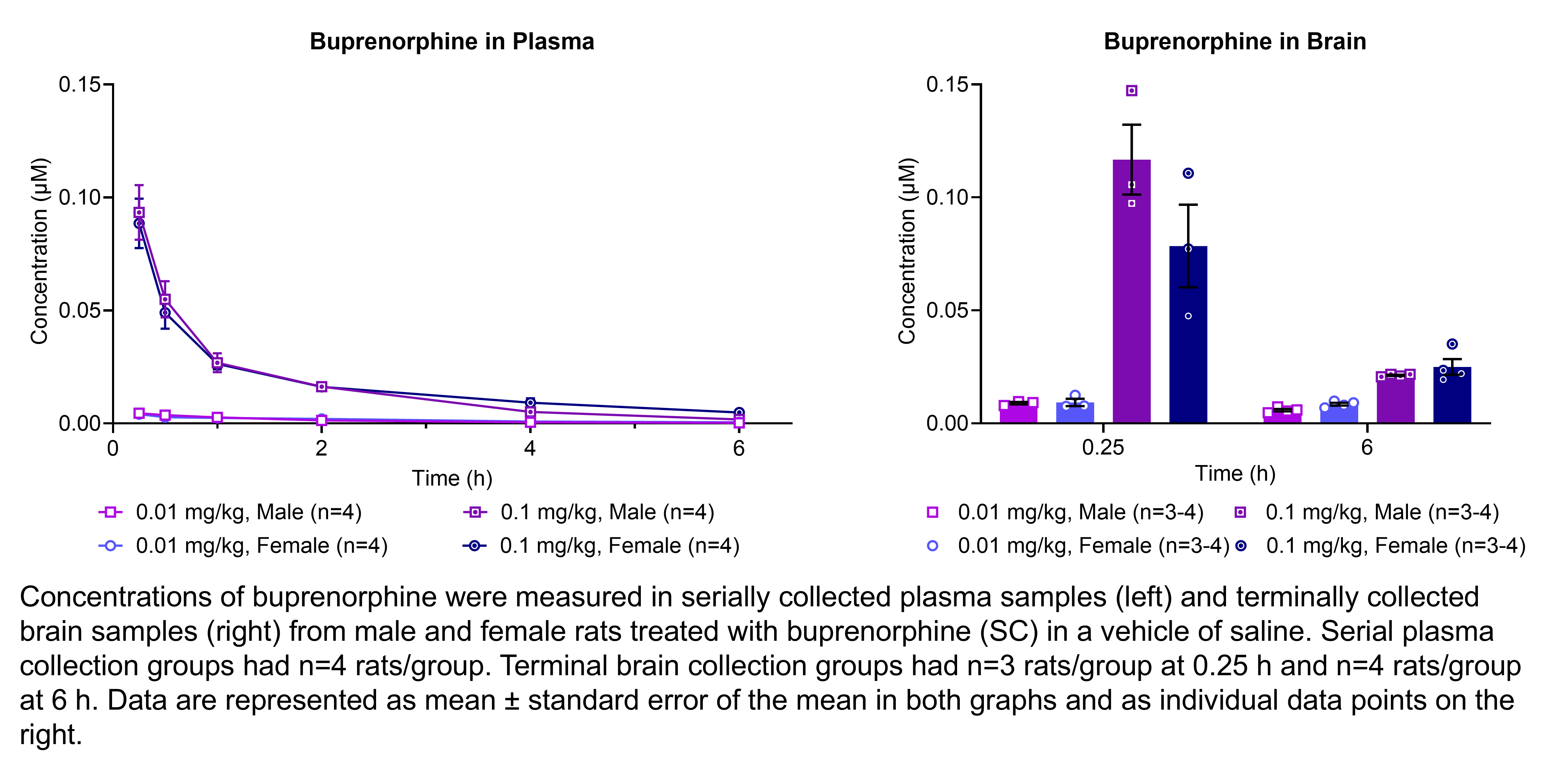 Buprenorphine concentrations were measured in serially collected plasma samples and terminally collected brain samples (shown on two graphs) from males and females treated with 0.01 or 0.1 mg/kg buprenorphine (SC) in a vehicle of saline. There were 4 rats/group for plasma and 3-4 rats/group for brain.