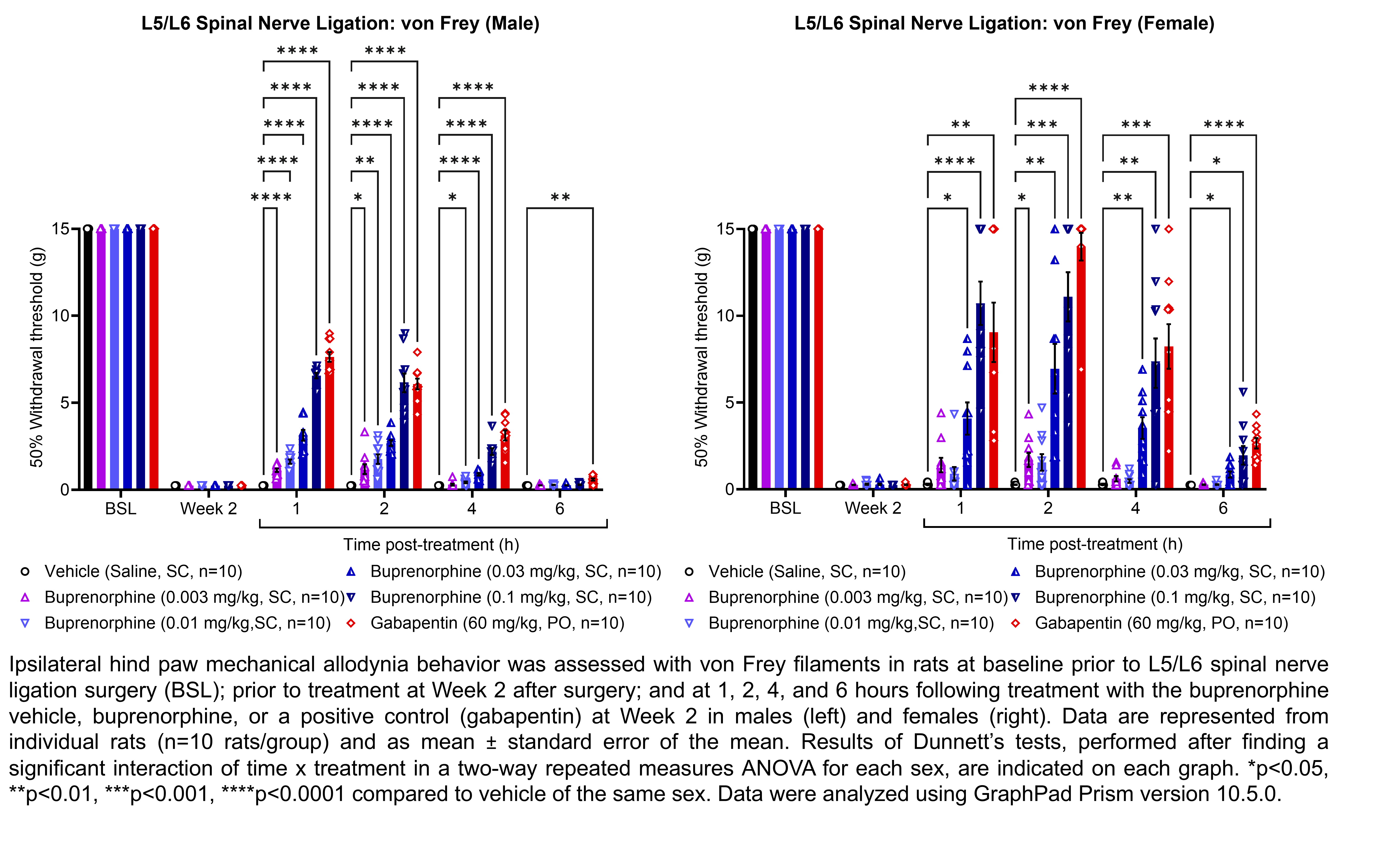 Two graphs show ipsilateral hind paw mechanical allodynia behavior assessed with von Frey filaments in male or female rats that have undergone L5/L6 spinal nerve ligation surgery. Responses are shown at the following time points: baseline (before surgery), prior to treatment at 2 weeks after surgery, and at 1, 2, 4, and 6 hours after treatment at 2 weeks after surgery. The treatments are vehicle (saline, delivered SC), buprenorphine (0.003, 0.01, 0.03, or 0.1 mg/kg, delivered SC), or the positive control gabapentin (60 mg/kg, delivered PO). There were 10 rats per group. A significant interaction of time x treatment was found in a two-way repeated measures ANOVA for each sex. Dunnett’s tests found significant increases in withdrawal thresholds relative to vehicle in males at 1 hour post-treatment with all doses of buprenorphine (p<0.0001 for all comparisons) and gabapentin (p<0.0001); at 2 hour post-treatment with all doses of buprenorphine (p<0.05, 0.01, 0.0001, 0.0001, respectively) and gabapentin (p<0.0001); at 4 hours post-treatment with 0.01, 0.03, and 0.1 mg/kg buprenorphine (p<0.05, 0.0001, 0.001, respectively) and gabapentin (p<0.0001); and at 6 hours post-treatment with gabapentin (p <0.01). Dunnett’s tests found significant increases in withdrawal thresholds relative to vehicle in females at 1 hour post-treatment with 0.03, 0.1 mg/kg buprenorphine (p<0.05, 0.0001, respectively), and gabapentin (p<0.01); at 2 hours post-treatment with 0.003, 0.03, and 0.1 mg/kg buprenorphine (p<0.05, 0.01, 0.001, respectively) and gabapentin (p<0.0001); at 4 hours post-treatment with 0.03 mg/kg buprenorphine (p<0.01), 0.1 mg/kg buprenorphine (p<0.01), and gabapentin (p<0.001); and at 6 hours post-treatment with 0.03 mg/kg buprenorphine (p<0.05), 0.1 mg/kg buprenorphine (p<0.05), and gabapentin (p<0.0001).
