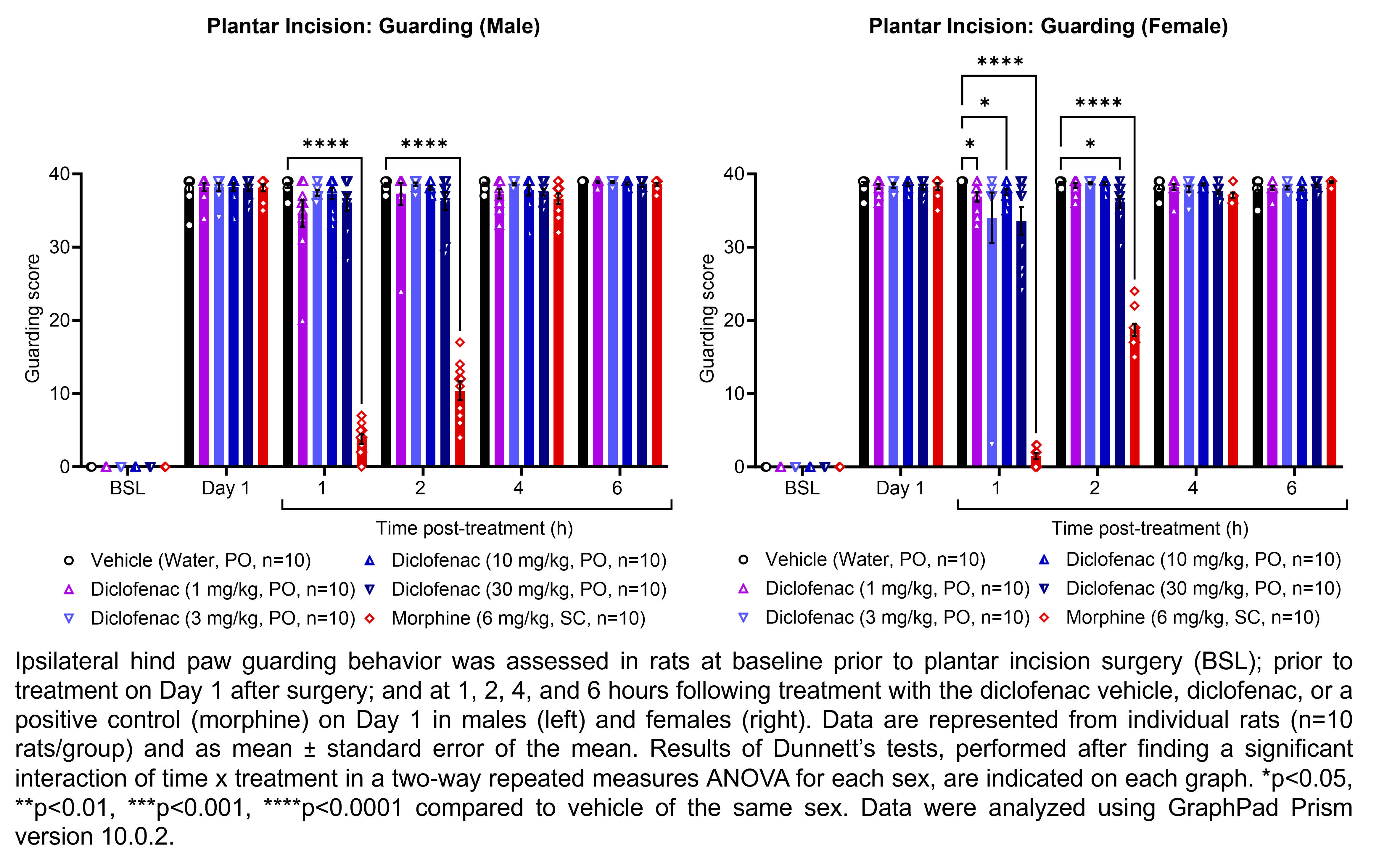 Two graphs show ipsilateral hind paw guarding behavior evaluated in male or female rats that have undergone plantar incision surgery. Responses are shown at the following time points: baseline (before surgery), prior to treatment at 1 day after surgery, and at 1, 2, 4, and 6 hours after treatment at 1 day after surgery. The treatments are vehicle (water, delivered PO), diclofenac (1, 3, 10, or 30 mg/kg, delivered PO), or morphine (6 mg/kg, delivered SC). There were 10 rats per group. A significant interaction of time x treatment was found in a two-way repeated measures ANOVA for each sex. Dunnett’s tests found significant decreases in guarding scores relative to vehicle in males at 1 and 2 hours post-treatment with morphine (p<0.0001 for each comparison). Dunnett’s tests found significant decreases in guarding scores relative to vehicle in females at 1 hour post-treatment with 1 mg/kg diclofenac (p<0.05), 10 mg/kg diclofenac (p<0.05), and morphine (p<0.0001) and at 2 hours post-treatment with 30 mg/kg diclofenac (p<0.05) and morphine (p<0.0001).