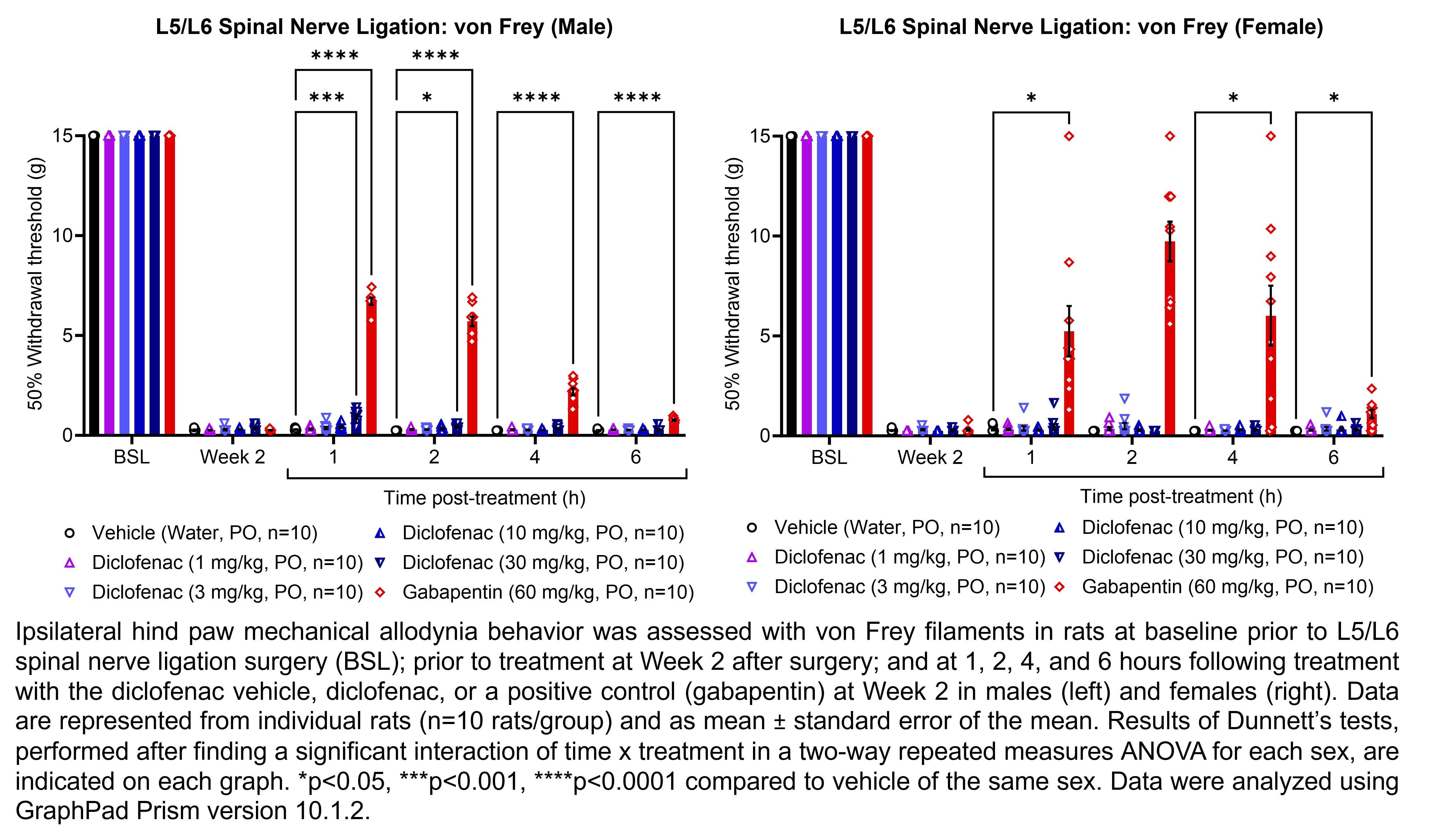 Two graphs show ipsilateral hind paw mechanical allodynia behavior assessed with von Frey filaments in male or female rats that have undergone L5/L6 spinal nerve ligation surgery. Responses are shown at the following time points: baseline (before surgery), prior to treatment at 2 weeks after surgery, and at 1, 2, 4, and 6 hours after treatment at 2 weeks after surgery. The treatments are vehicle (water, delivered PO), diclofenac (1, 3, 10, or 30 mg/kg, delivered PO), or the positive control gabapentin (60 mg/kg, delivered PO). There were 10 rats per group. A significant interaction of time x treatment was found in a two-way repeated measures ANOVA for each sex. Dunnett’s tests found significant increases in withdrawal thresholds relative to vehicle in males at 1 hour post-treatment with 30 mg/kg diclofenac (p<0.001) and gabapentin (p<0.0001), at 2 hours post-treatment with 30 mg/kg diclofenac (p<0.05) and gabapentin (p<0.0001), at 4 hours post-treatment with gabapentin (p<0.0001), and at 6 hours post-treatment with gabapentin (p<0.0001). Dunnett’s tests found significant increases in withdrawal thresholds relative to vehicle in females at 1, 4, and 6 hours post-treatment with gabapentin (p<0.05 for each comparison).