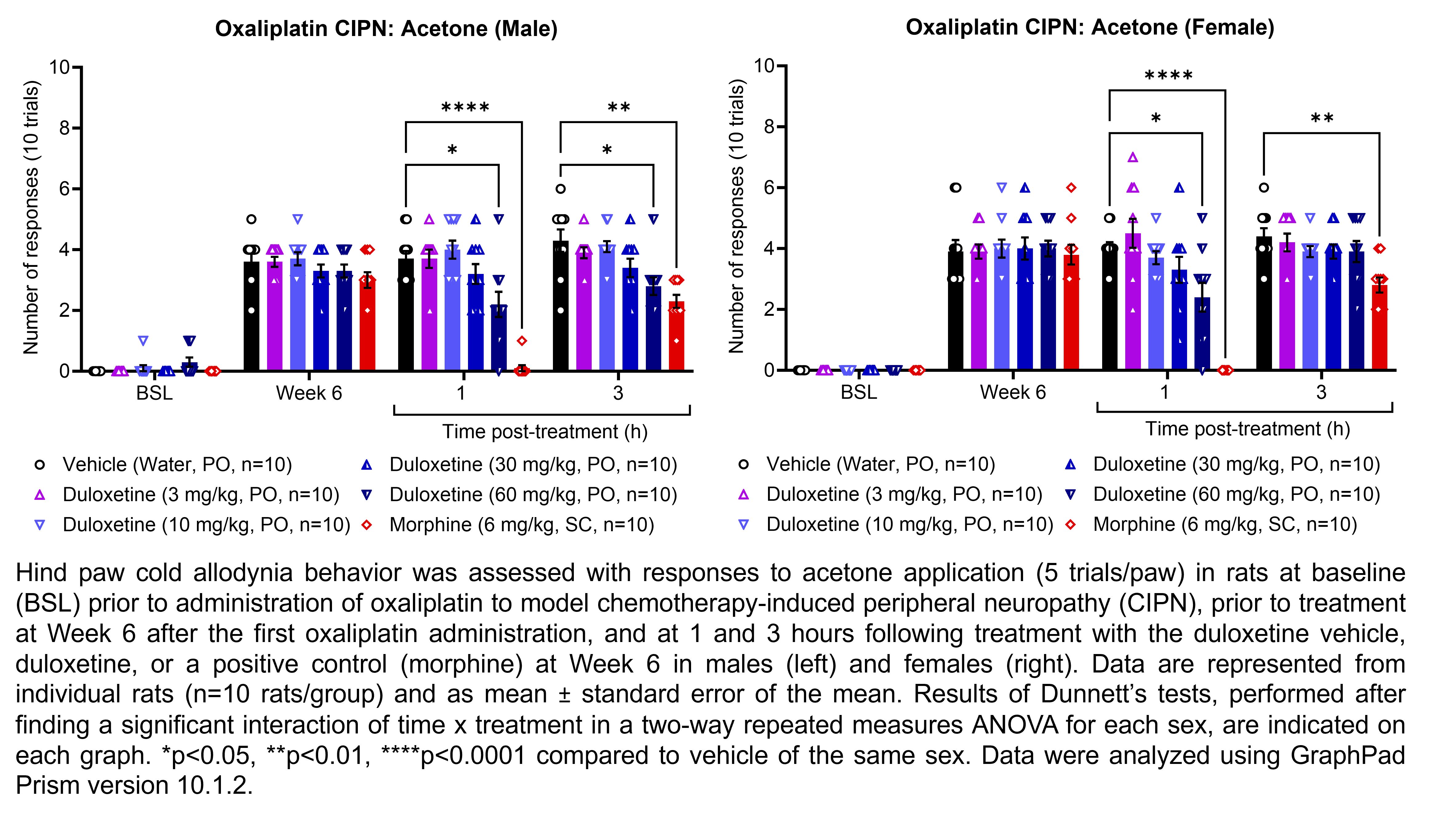 Two graphs show hind paw cold allodynia behavior assessed with 10 trials of the acetone evaporation test (5 per hind paw) in male or female rats that have undergone oxaliplatin administration to model chemotherapy-induced peripheral neuropathy. Responses are shown at the following time points: baseline (before oxaliplatin), prior to treatment at 6 weeks after the first oxaliplatin administration, and at 1 and 3 hours after treatment at 6 weeks after oxaliplatin. The treatments are vehicle (water, delivered PO), duloxetine (3, 10, 30, or 60 mg/kg, delivered PO), or the positive control morphine (6 mg/kg, delivered SC). There were 10 rats per group. A significant interaction of time x treatment was found in a two-way repeated measures ANOVA for each sex. Dunnett’s tests found significant decreases in acetone responses relative to vehicle in males at 1 hour post-treatment with 60 mg/kg duloxetine (p<0.05) and morphine (p<0.0001) and at 3 hours post-treatment with 60 mg/kg duloxetine (p<0.05) and morphine (p<0.01). Dunnett’s tests found significant decreases in acetone responses relative to vehicle in females at 1 hour post-treatment with 60 mg/kg duloxetine (p<0.05) and morphine (p<0.0001) and at 3 hours post-treatment with morphine (p<0.01).