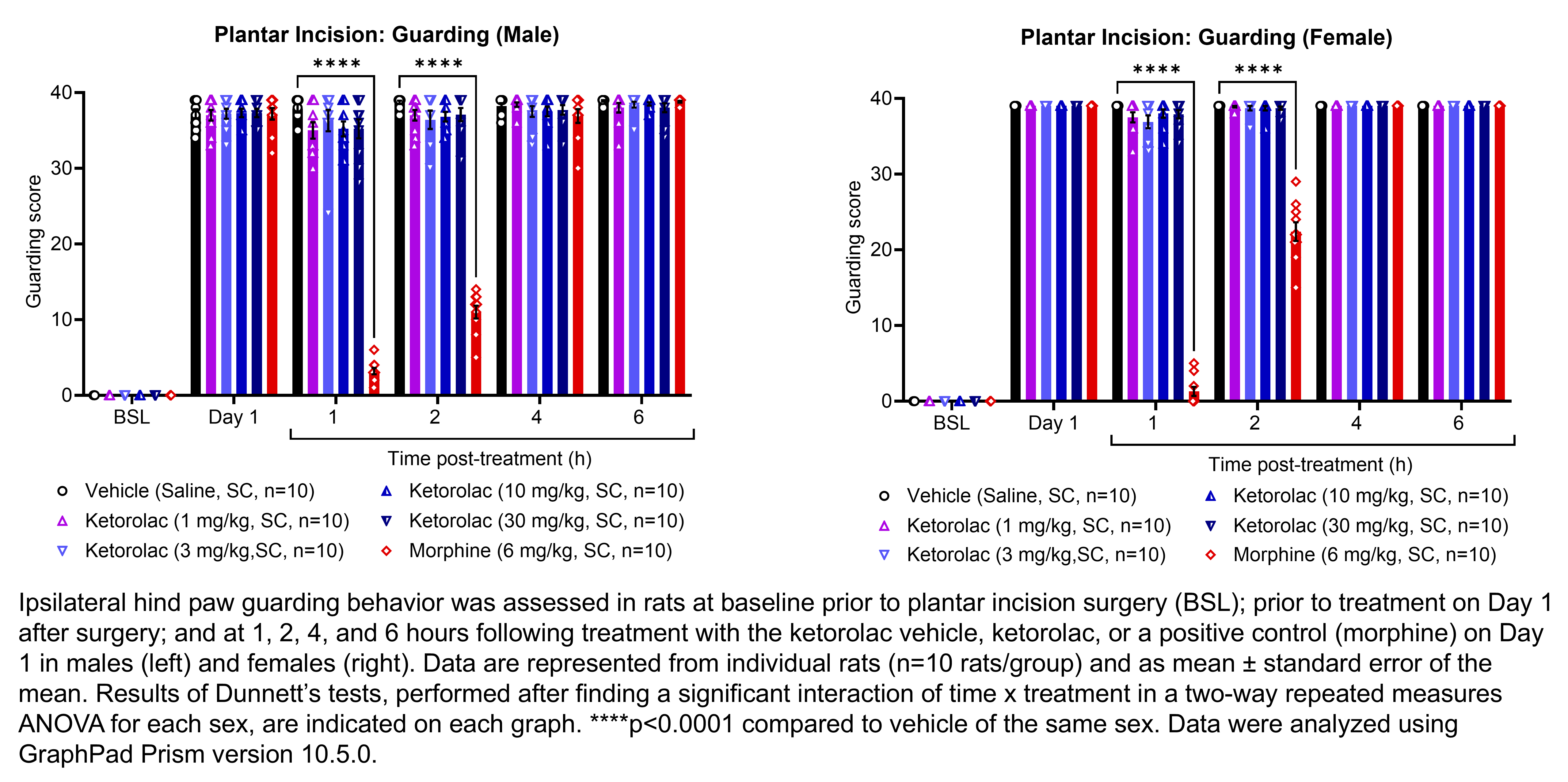 Two graphs show ipsilateral hind paw guarding behavior evaluated in male or female rats that have undergone plantar incision surgery. Responses are shown at the following time points: baseline (before surgery), prior to treatment at 1 day after surgery, and at 1, 2, 4, and 6 hours after treatment at 1 day after surgery. The treatments are vehicle (saline, delivered SC), ketorolac (1, 3, 10, or 30 mg/kg, delivered SC), or morphine (6 mg/kg, delivered SC). There were 10 rats per group. A significant interaction of time x treatment was found in a two-way repeated measures ANOVA for each sex. Dunnett’s tests found significant decreases in guarding scores relative to vehicle in males at 1 and 2 hours post-treatment with morphine (p<0.0001 for both comparisons). Dunnett’s tests found significant decreases in guarding scores relative to vehicle in females at 1 and 2 hours post-treatment with morphine (p<0.0001 for both comparisons).