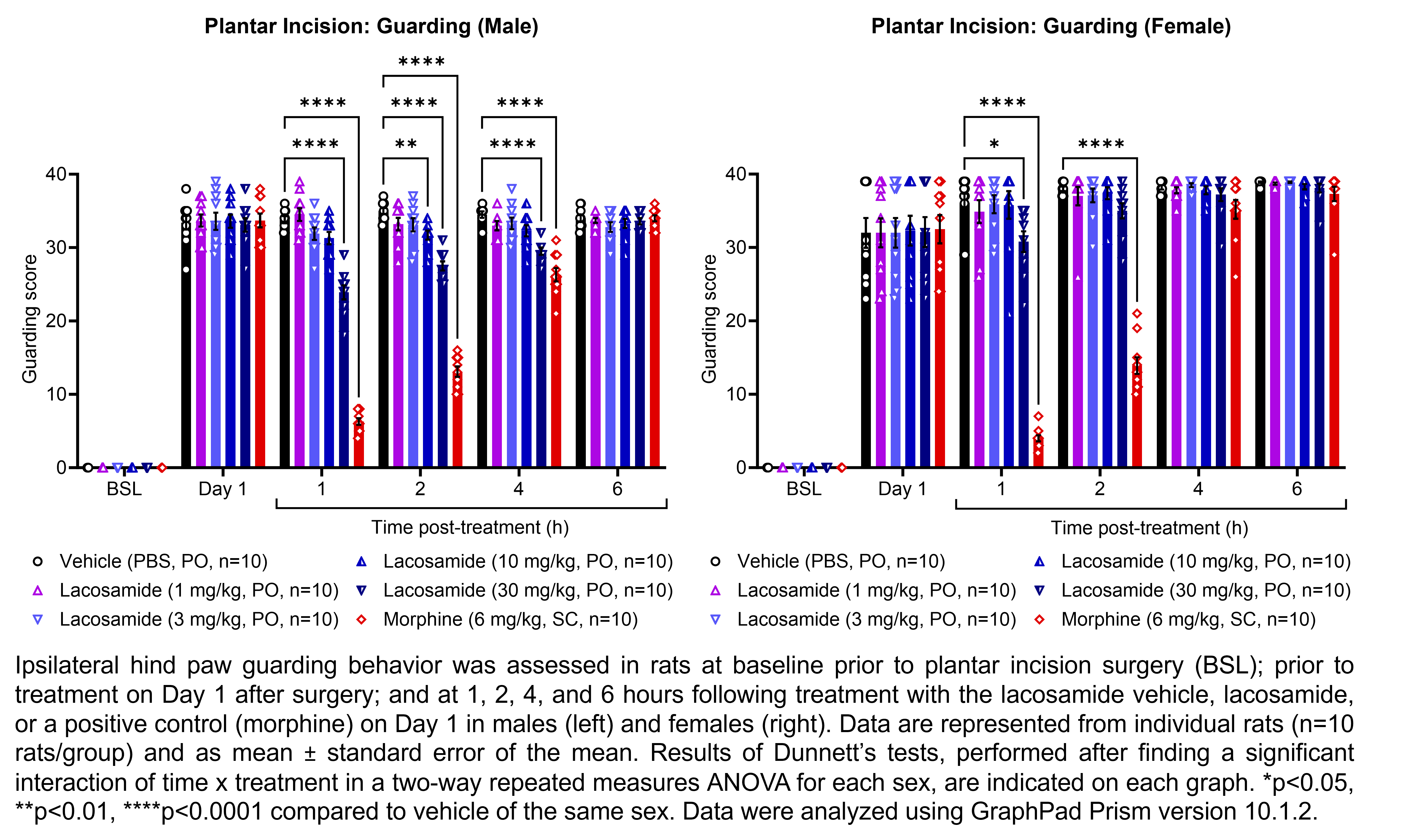 Two graphs show ipsilateral hind paw guarding behavior evaluated in male or female rats that have undergone plantar incision surgery. Responses are shown at the following time points: baseline (before surgery), prior to treatment at 1 day after surgery, and at 1, 2, 4, and 6 hours after treatment at 1 day after surgery. The treatments are vehicle (PBS, delivered PO), lacosamide (1, 3, 10, or 30 mg/kg, delivered PO), or morphine (6 mg/kg, delivered SC). There were 10 rats per group. A significant interaction of time x treatment was found in a two-way repeated measures ANOVA for each sex. Dunnett’s tests found significant decreases in guarding scores relative to vehicle in males at 1 hour post-treatment with 30 mg/kg lacosamide (p<0.0001) and morphine (p<0.0001); at 2 hours post-treatment with 10 mg/kg lacosamide (p<0.01), 30 mg/kg lacosamide (p<0.0001), and morphine (p<0.0001); and at 4 hours post-treatment with 30 mg/kg lacosamide (p<0.0001) and morphine (p<0.0001). Dunnett’s tests found significant decreases in guarding scores relative to vehicle in females at 1 hour post-treatment with 30 mg/kg lacosamide (p<0.05) and morphine (p<0.0001) and at 2 hours post-treatment with morphine (p<0.0001).