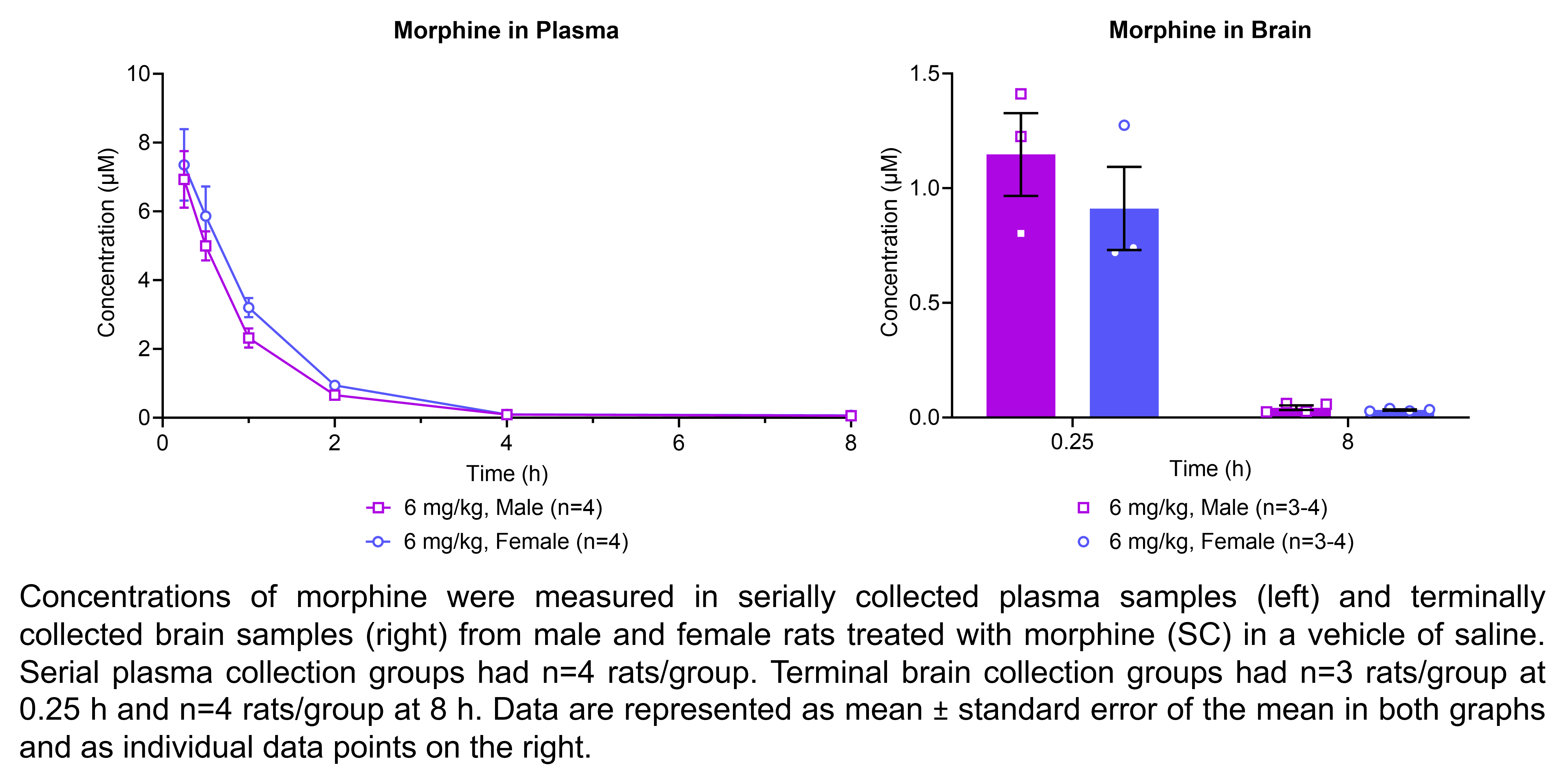 Morphine concentrations were measured in serially collected plasma samples and terminally collected brain samples (shown on two graphs) from males and females treated with 6 mg/kg morphine (SC) in a vehicle of saline. There were 4 rats/group for plasma and 3-4 rats/group for brain.