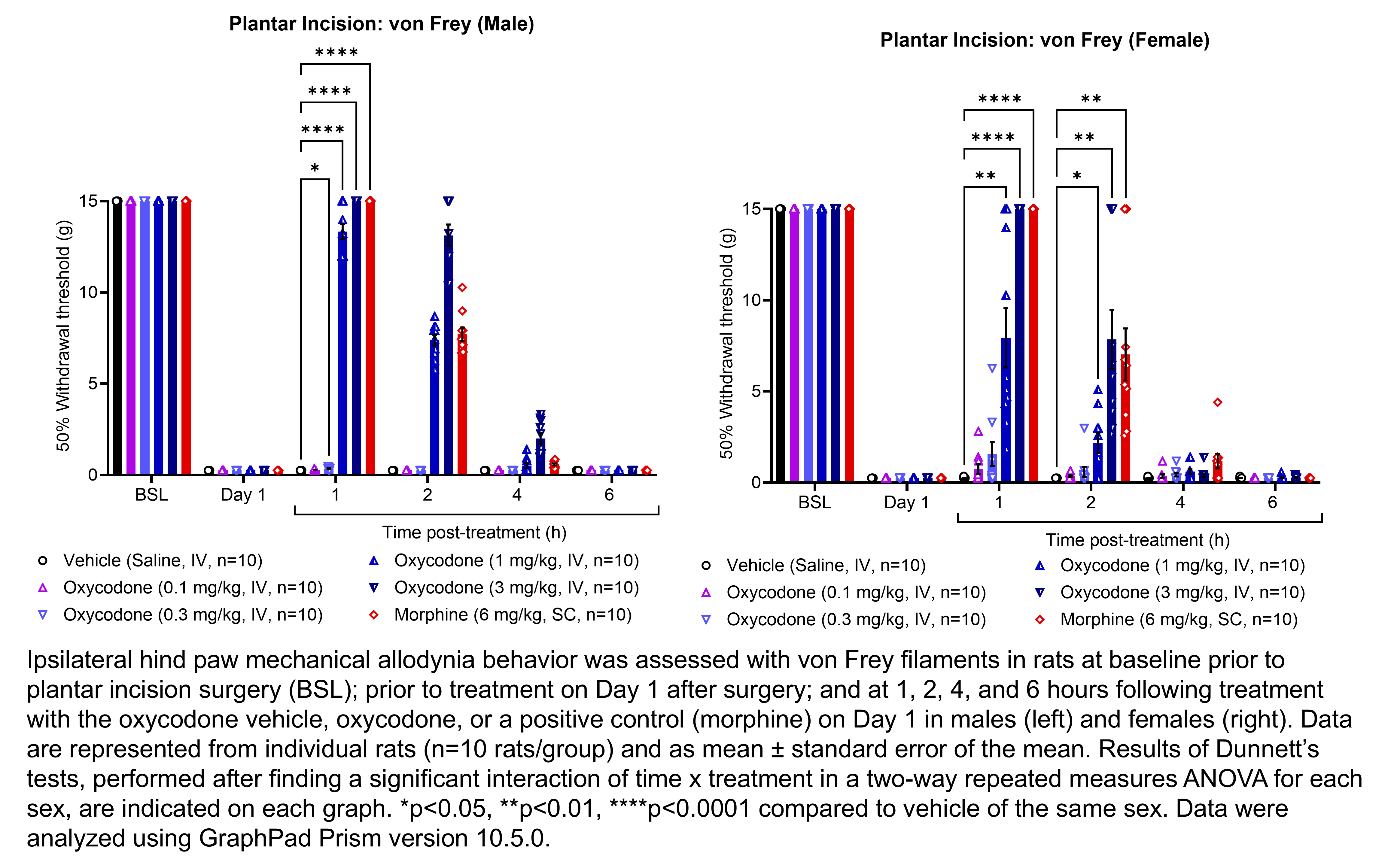 Two graphs show ipsilateral hind paw mechanical allodynia behavior assessed with von Frey filaments in male or female rats that have undergone plantar incision surgery. Responses are shown at the following time points: baseline (before surgery), prior to treatment at 1 day after surgery, and at 1, 2, 4, and 6 hours after treatment at 1 day after surgery. The treatments are vehicle (saline, delivered IV), oxycodone (0.1, 0.3, 1, or 3 mg/kg, delivered IV), or morphine (6 mg/kg, delivered SC). There were 10 rats per group. A significant interaction of time x treatment was found in a two-way repeated measures ANOVA for each sex. Dunnett’s tests found significant increases in withdrawal thresholds relative to vehicle in males at 1 hour post-treatment with 0.3, 1, and 3 mg/kg oxycodone (p<0.05, 0.0001, 0.0001, respectively) and morphine (p<0.0001). Dunnett’s tests found significant differences increases in withdrawal thresholds relative to vehicle in females at 1 hour post-treatment with 1 and 3 mg/kg oxycodone (p<0.01, 0.0001, respectively) and morphine (p<0.0001); at 2 hours post-treatment with 1 and 3 mg/kg oxycodone (p<0.05, 0.01, respectively) and morphine (p<0.01).