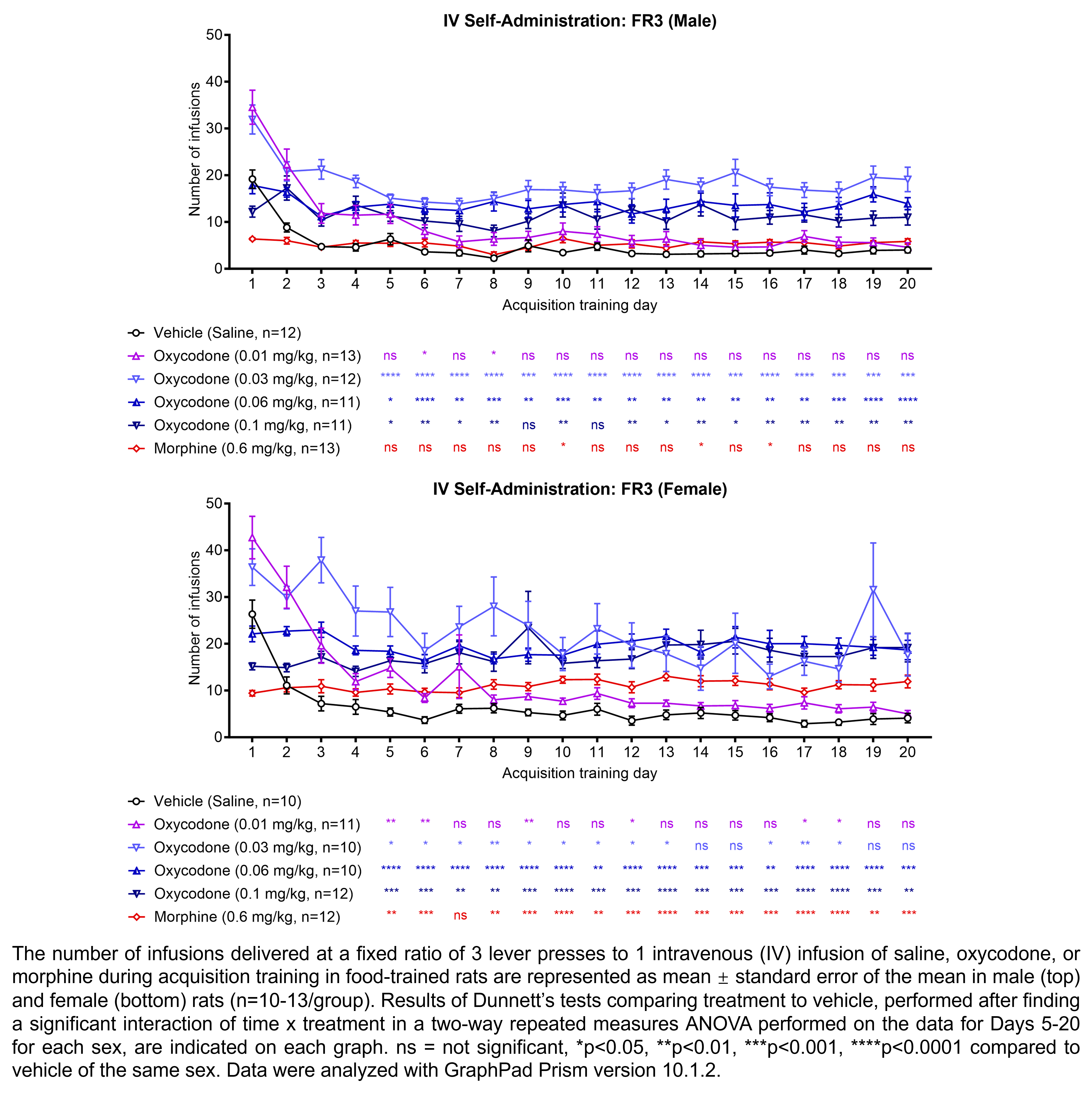 Two graphs show the number of infusions delivered in a fixed ratio of 3 lever presses for 1 intravenous infusion of vehicle (saline), oxycodone (0.01, 0.03, 0.06, or 0.1 mg/kg/infusion), or morphine (0.6 mg/kg/infusion) after food training in male and female rats (n=10-13/group). Dunnett’s tests were performed after finding a significant interaction of time x treatment in a two-way repeated measures ANOVA performed on the data for Days 5-20 for each sex. Significant increases in the number of infusions were found with each treatment relative to vehicle on several days in male and female rats. Data were analyzed with GraphPad Prism.