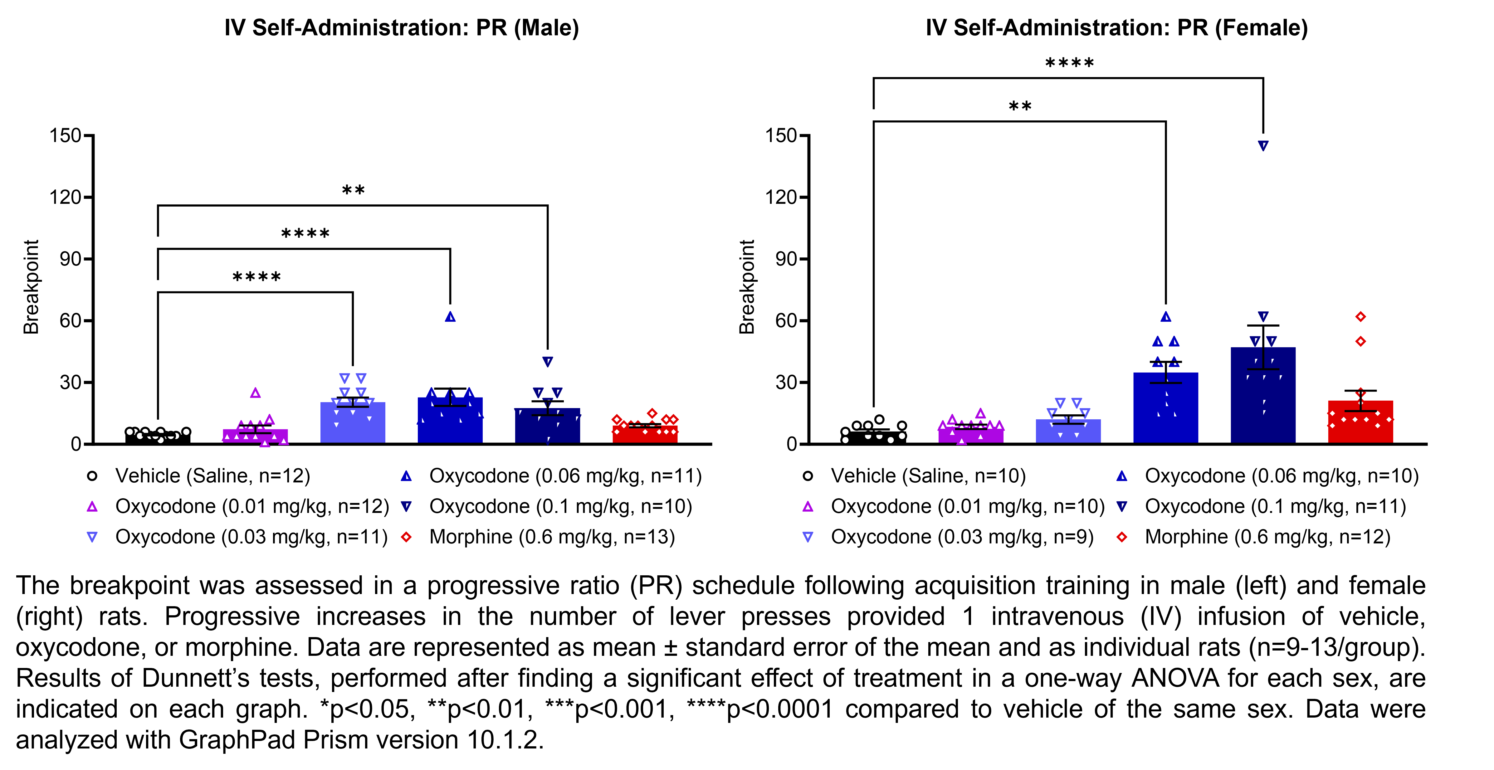 Two graphs show the breakpoint in a progressive ratio schedule following acquisition training in male and female rats treated with vehicle (saline), oxycodone (0.01, 0.03, 0.06, or 0.1 mg/kg/infusion), or morphine (0.6 mg/kg/infusion) (n=9-13 rats/group). A significant effect of treatment was found in a one-way ANOVA for each sex. Dunnett’s tests found significant increases in the breakpoint relative to vehicle in males treated with 0.03 mg/kg oxycodone (p<0.0001), 0.06 mg/kg oxycodone (p<0.0001), and 0.1 mg/kg oxycodone (p<0.01). Dunnett’s tests found significant increases in the breakpoint relative to vehicle in females treated with 0.06 mg/kg oxycodone (p<0.05) and 0.1 mg/kg oxycodone (p<0.001). Data were analyzed with GraphPad Prism.