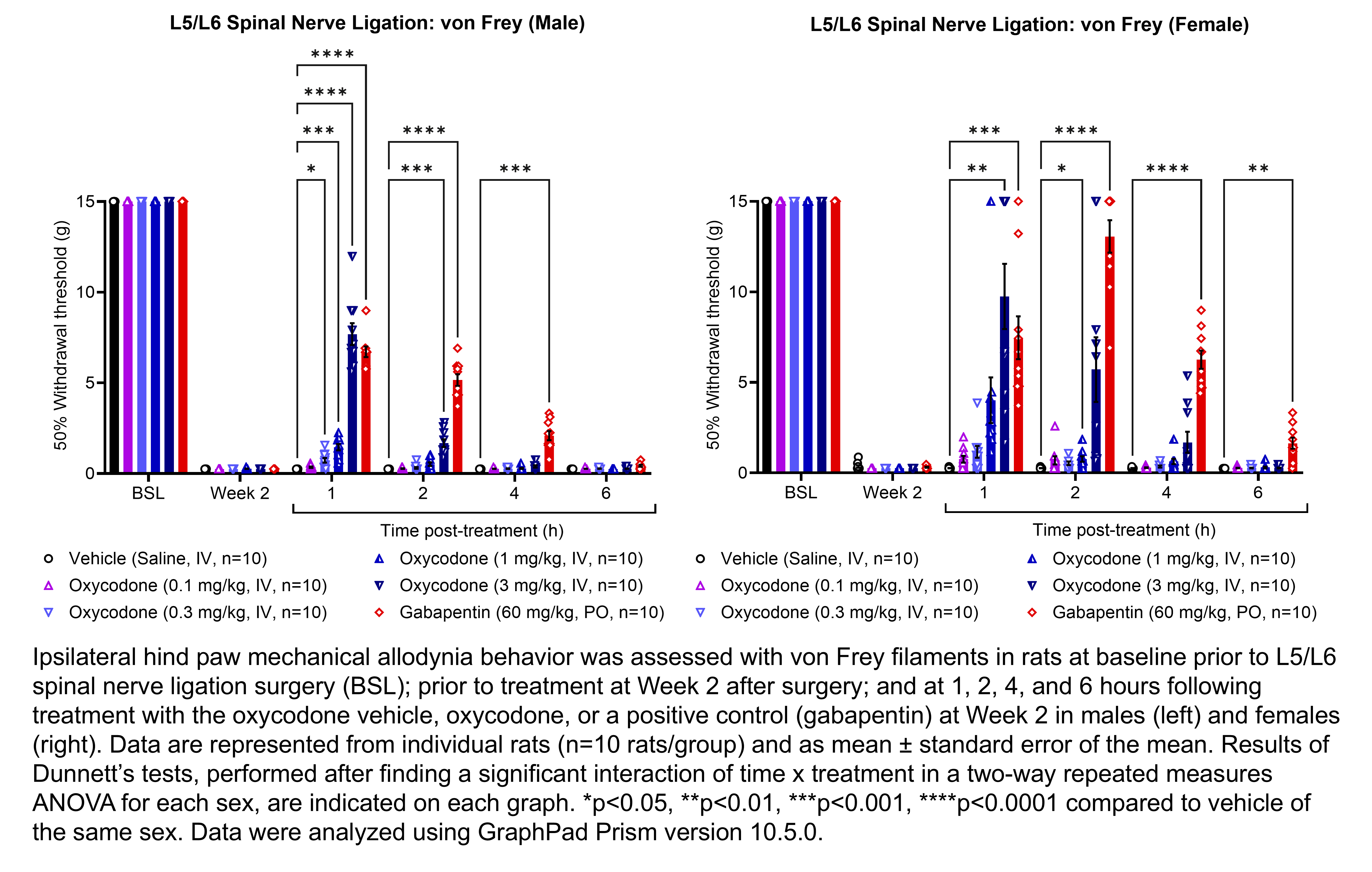 Two graphs show ipsilateral hind paw mechanical allodynia behavior assessed with von Frey filaments in male or female rats that have undergone L5/L6 spinal nerve ligation surgery. Responses are shown at the following time points: baseline (before surgery), prior to treatment at 2 weeks after surgery, and at 1, 2, 4, and 6 hours after treatment at 2 weeks after surgery. The treatments are vehicle (saline, delivered IV), oxycodone (0.1, 0.3, 1, or 3 mg/kg, delivered IV), or the positive control gabapentin (60 mg/kg, delivered PO). There were 10 rats per group. A significant interaction of time x treatment was found in a two-way repeated measures ANOVA for each sex. Dunnett’s tests found significant increases in withdrawal thresholds relative to vehicle in males at 1 hour post-treatment with 0.3, 1, and 3 mg/kg oxycodone (p<0.05, 0.001, 0.0001, respectively) and gabapentin (p<0.0001); at 2 hour post-treatment with 3 mg/kg oxycodone (p<0.001,) and gabapentin (p<0.0001); and at 4 hours post-treatment with gabapentin (p<0.001). Dunnett’s tests found significant increases in withdrawal thresholds relative to vehicle in females at 1 hour post-treatment with 3 mg/kg oxycodone (p<.01) and gabapentin (p<0.001); at 2 hour post-treatment with 1mg/kg oxycodone (p<0.01) and gabapentin (p<0.0001); at 4 hours post-treatment with gabapentin (p<0.0001); and at 6 hours post-treatment with gabapentin (p<0.01).
