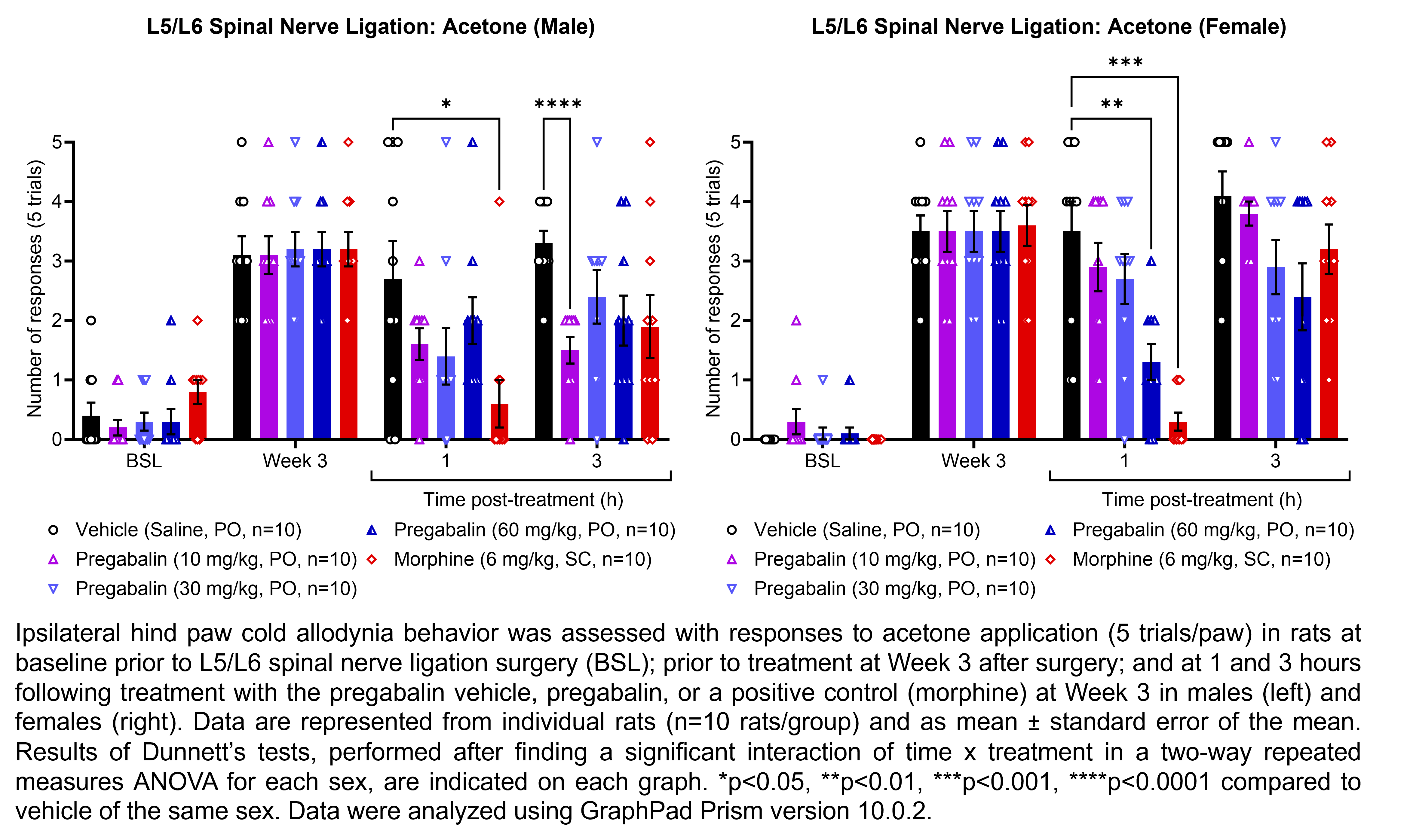 Two graphs show ipsilateral hind paw cold allodynia behavior assessed with 5 trials of the acetone evaporation test in male or female rats that have undergone L5/L6 spinal nerve ligation surgery. Responses are shown at the following time points: baseline (before surgery), prior to treatment at 3 weeks after surgery, and at 1 and 3 hours after treatment at 3 weeks after surgery. The treatments are vehicle (saline, delivered PO), pregabalin (10, 30, or 60 mg/kg, delivered PO), or the positive control morphine (6 mg/kg, delivered SC). There were 10 rats per group. A significant interaction of time x treatment was found in a two-way repeated measures ANOVA for each sex. Dunnett’s tests found significant decreases in acetone responses relative to vehicle in males at 1 hour post-treatment with morphine (p<0.05) and at 3 hours post-treatment with 10 mg/kg pregabalin (p<0.0001). Dunnett’s tests found significant decreases in acetone responses relative to vehicle in females at 1 hour post-treatment with 60 mg/kg pregabalin (p<0.01) and morphine (p<0.001).