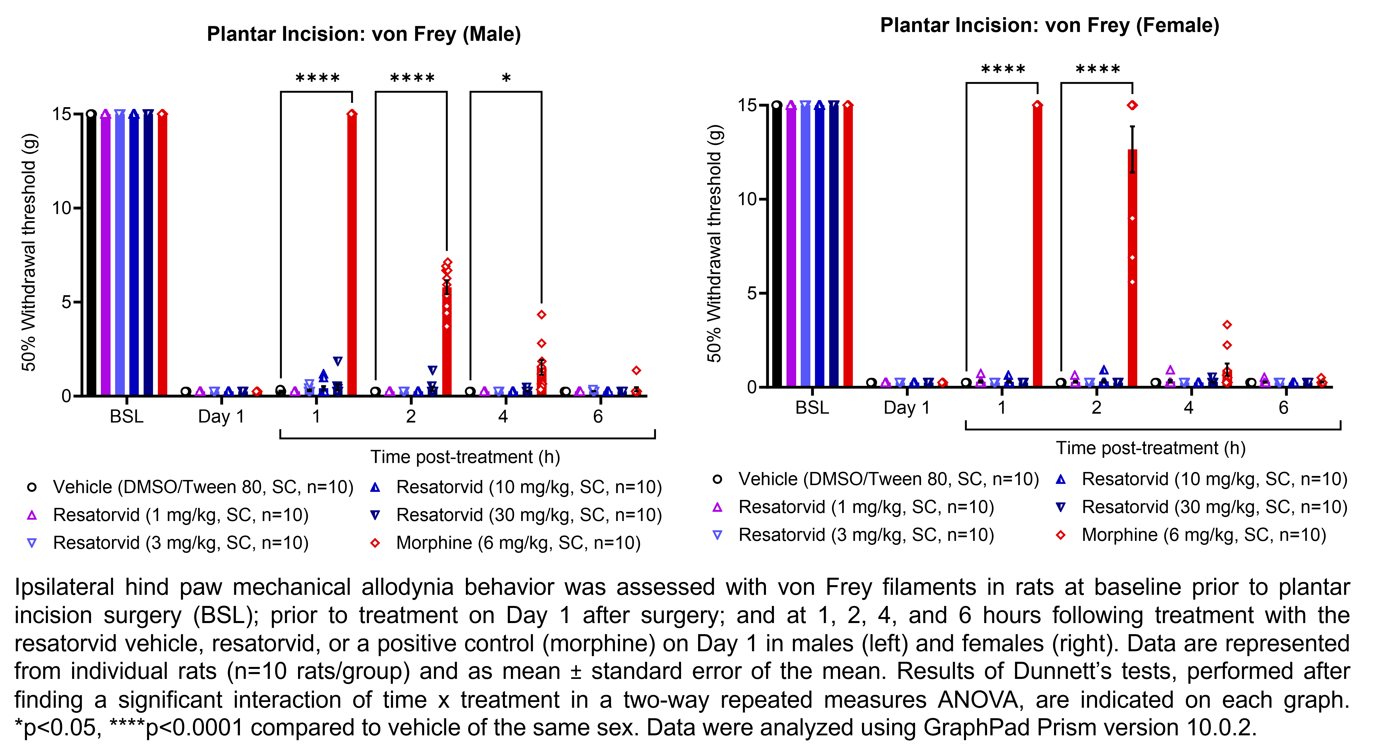 Two graphs show ipsilateral hind paw mechanical allodynia behavior assessed with von Frey filaments in male or female rats that have undergone plantar incision surgery. Responses are shown at the following time points: baseline (before surgery), prior to treatment at 1 day after surgery, and at 1, 2, 4, and 6 hours after treatment at 1 day after surgery. The treatments are vehicle (DMSO/Tween 80, delivered SC), resatorvid (1, 3, 10, or 30 mg/kg, delivered SC), or the positive control morphine (6 mg/kg, delivered SC). There were 10 rats per group. A significant interaction of time x treatment was found in a two-way repeated measures ANOVA for each sex. Dunnett’s tests found significantly higher withdrawal thresholds relative to vehicle in males at 1, 2, and 4 hours post-treatment with morphine (p<0.0001, 0.001, 0.01, respectively) and in females at 1 and 2 hours post-treatment with morphine (p<0.0001 for both comparisons).