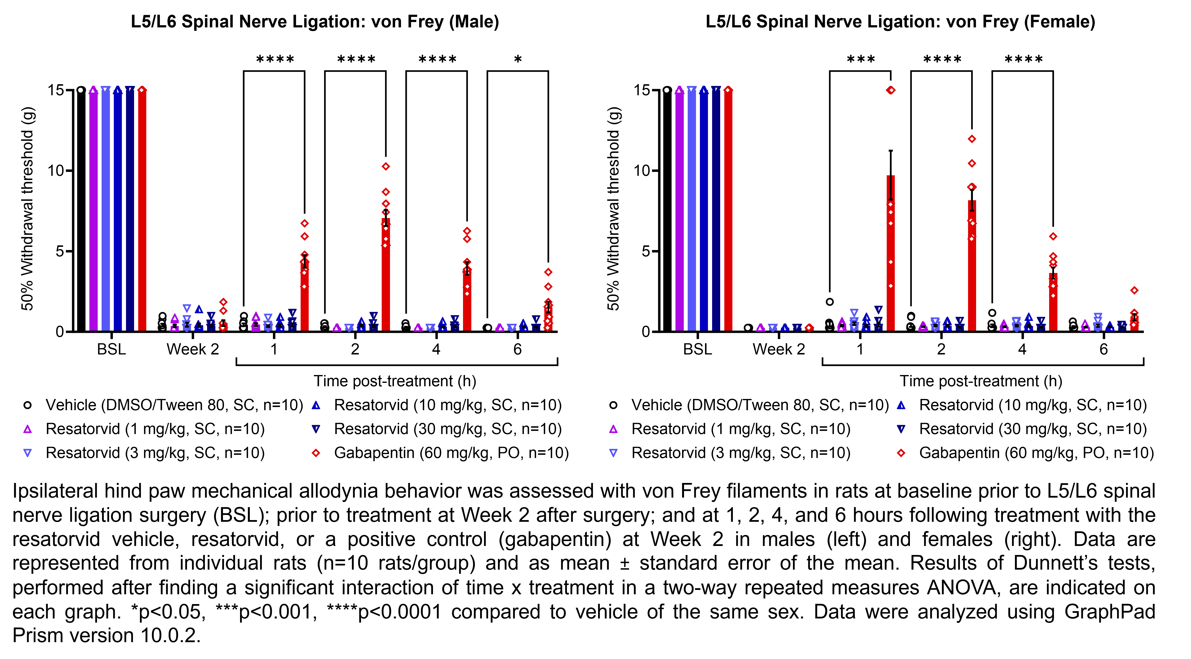 Two graphs show ipsilateral hind paw mechanical allodynia behavior assessed with von Frey filaments in male or female rats that have undergone L5/L6 spinal nerve ligation surgery. Responses are shown at the following time points: baseline (before surgery), prior to treatment at 2 weeks after surgery, and at 1, 2, 4, and 6 hours after treatment at 2 weeks after surgery. The treatments are vehicle (DMSO/Tween 80, delivered SC), resatorvid (1, 3, 10, or 30 mg/kg, delivered SC), or the positive control gabapentin (60 mg/kg, delivered PO). There were 10 rats per group. A significant interaction of time x treatment was found in a two-way repeated measures ANOVA for each sex. Dunnett’s tests found significantly higher withdrawal thresholds relative to vehicle in males at 1, 2, 4, and 6 hours post-treatment with gabapentin (p<0.0001, 0.0001, 0.0001, 0.05, respectively) and in females at 1, 2, and 4 hours post-treatment with gabapentin (p<0.001, 0.0001, 0.0001, respectively).