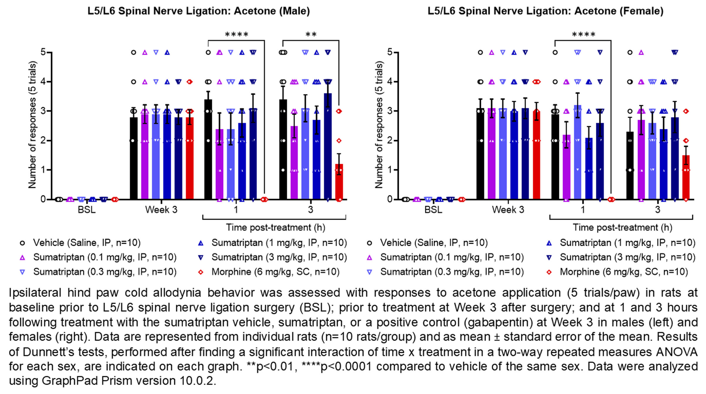 Two graphs show ipsilateral hind paw cold allodynia behavior assessed with 5 trials of the acetone evaporation test in male or female rats that have undergone L5/L6 spinal nerve ligation surgery. Responses are shown at the following time points: baseline (before surgery), prior to treatment at 3 weeks after surgery, and at 1 and 3 hours after treatment at 3 weeks after surgery. The treatments are vehicle (saline, delivered IP), sumatriptan (0.1, 0.3, 1, or 3 mg/kg, delivered IP), or the positive control morphine (6 mg/kg, delivered SC). There were 10 rats per group. A significant interaction of time x treatment was found in a two-way repeated measures ANOVA for each sex. Dunnett’s tests found significant decreases in acetone responses relative to vehicle in males at 1 hour post-treatment with morphine (p<0.0001) and at 3 hours post-treatment with morphine (p<0.01). Dunnett’s tests found significant decreases in acetone responses relative to vehicle in females at 1 hour post-treatment with morphine (p<0.0001).